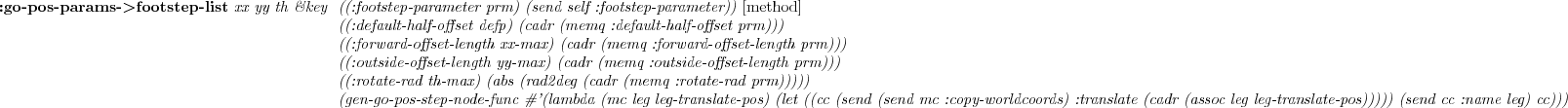 \begin{emtabbing} {\bf :calc-static-balance-point} \it\&key
\= (target-points (... ...nd-coords :worldpos)) 2)) \\ \>
(update-mass-properties t) \rm
\end{emtabbing}